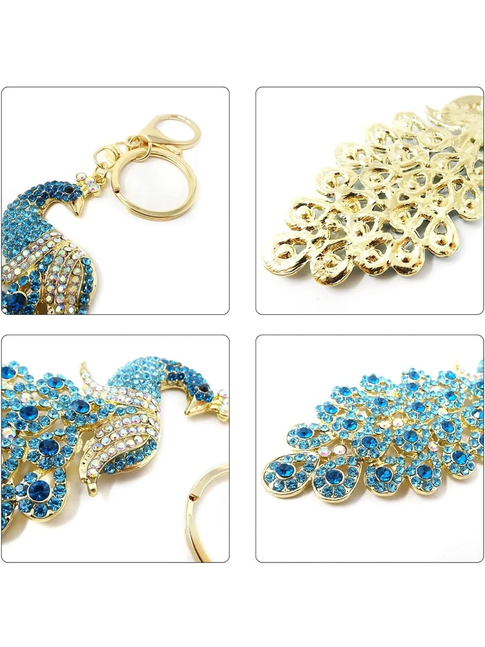Gold-Tone Peacock Pendant Keychain with Blue Crystal Accents